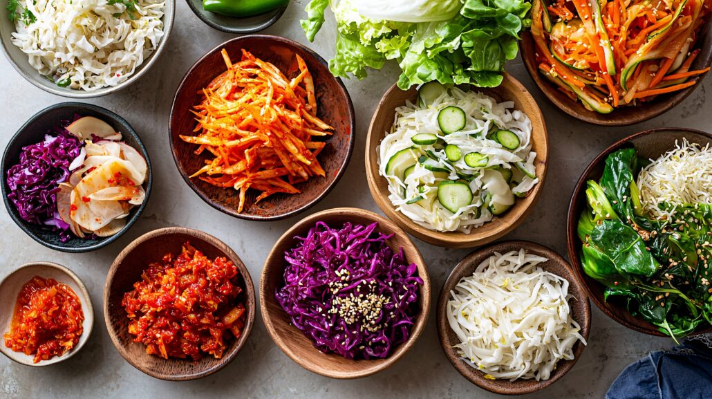 A vibrant display of nutritious fermented foods like kimchi, sauerkraut, and kombucha is presented in a sleek modern kitchen, emphasizing their health benefits.